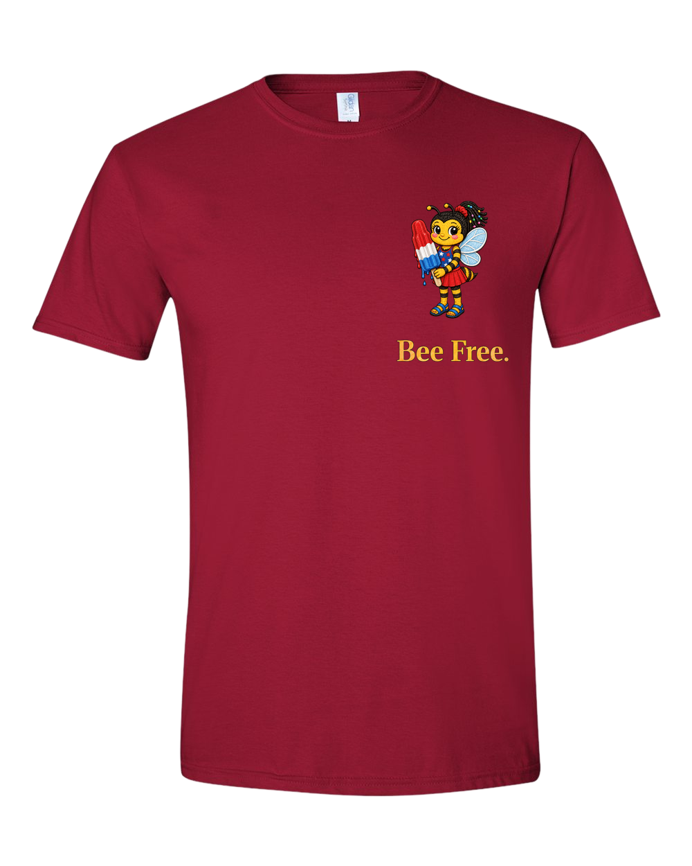 Bee Free Adult T-Shirt in cardinal red with Goldie artwork, front view.