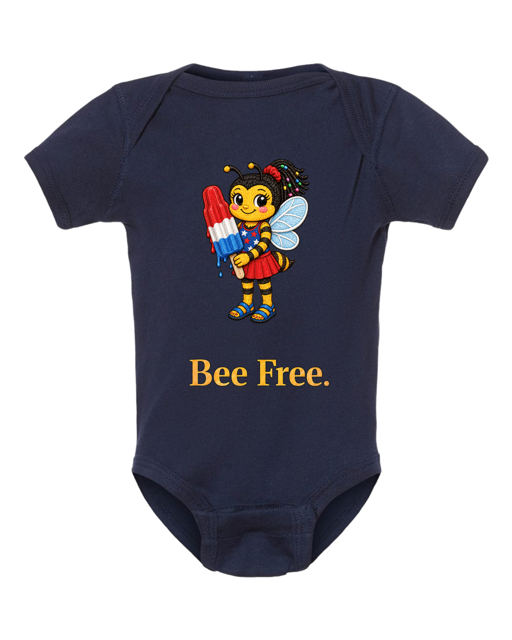 Bee Free Onesie in navy with Goldie artwork, front view.