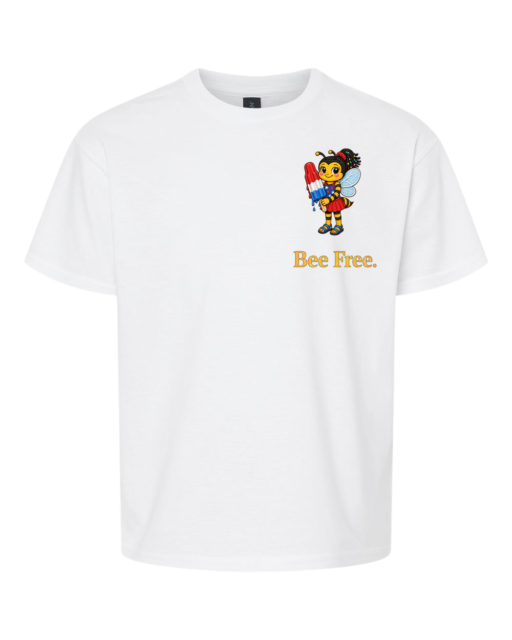 Bee Free Youth T-Shirt in white with Goldie artwork, front view.