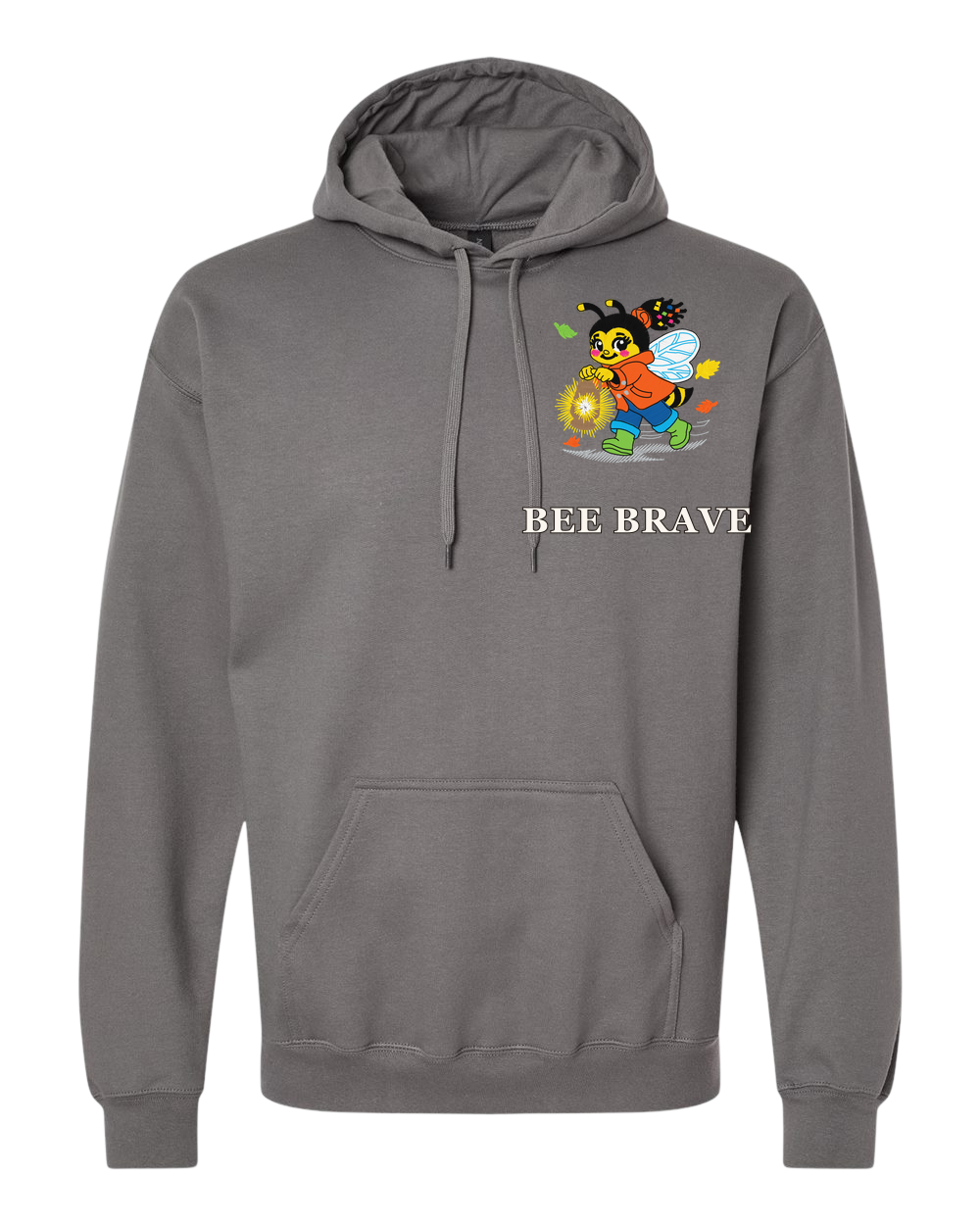 Adult Hoodie in charcoal with Goldie artwork, front view.