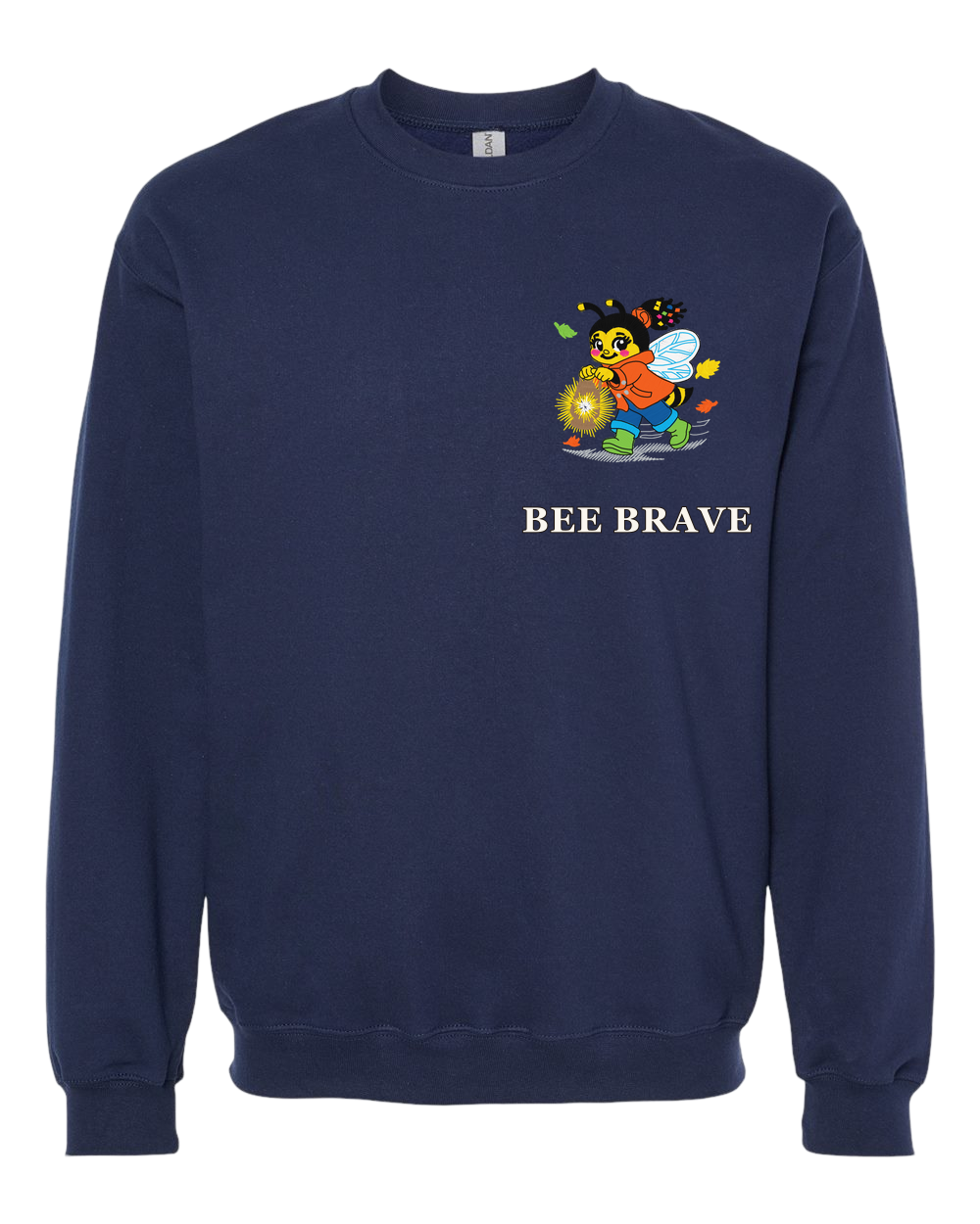 Bee Brave Sweatshirt in navy with Goldie artwork, front view.