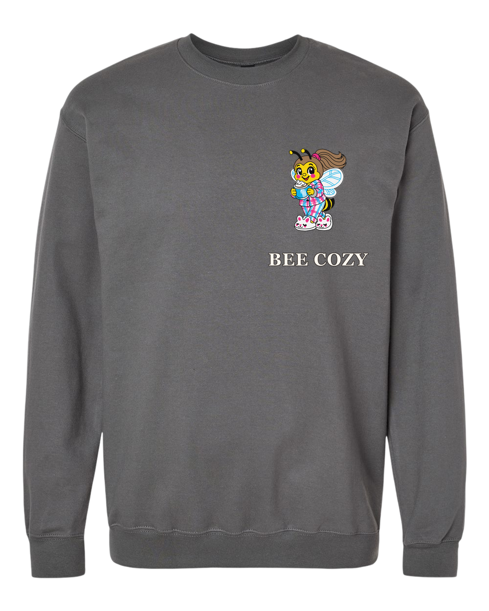 Bee Cozy Sweatshirt in charcoal with Honey artwork, front view.