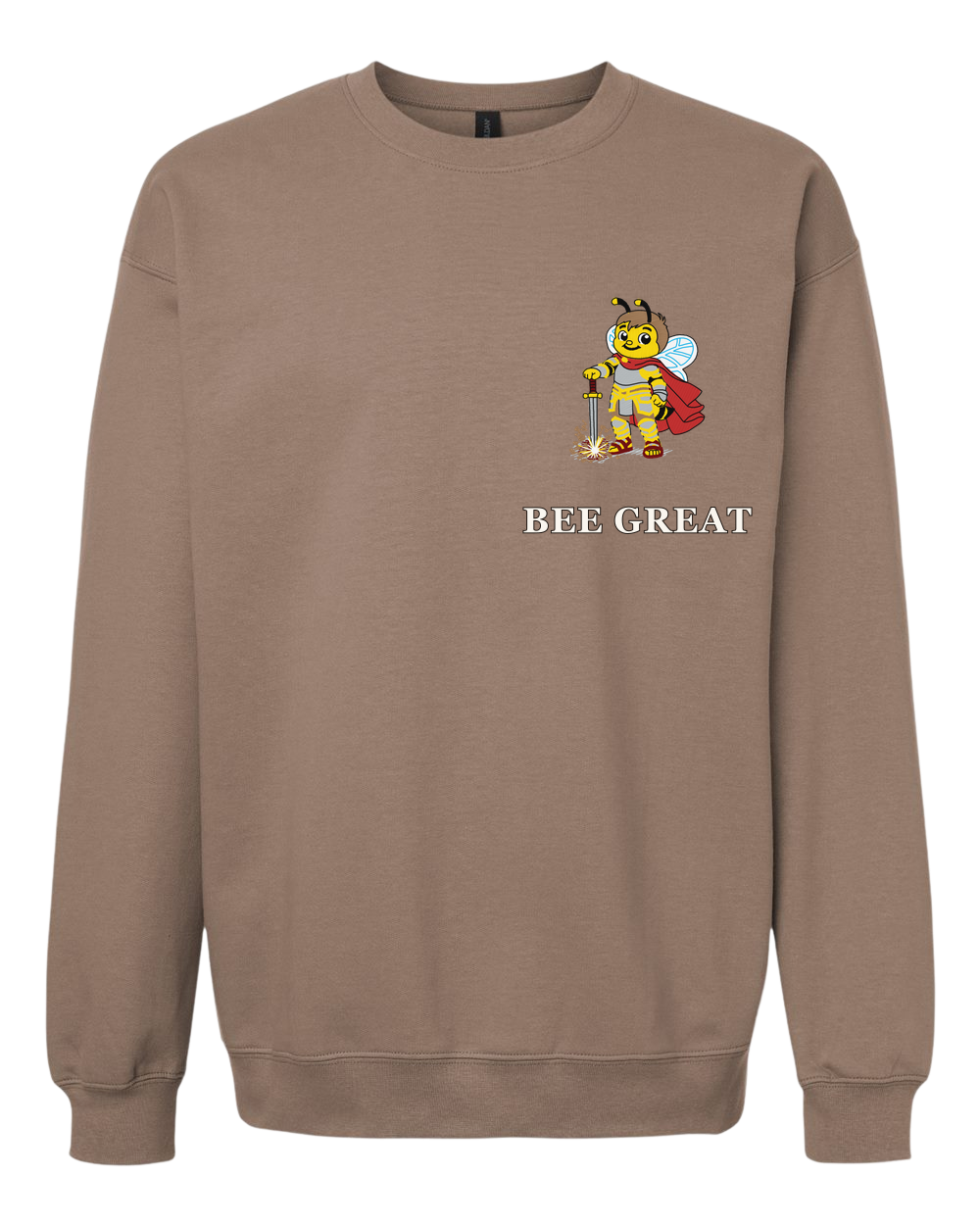 Bee Great Sweatshirt in brown savana with Paulie artwork, front view.