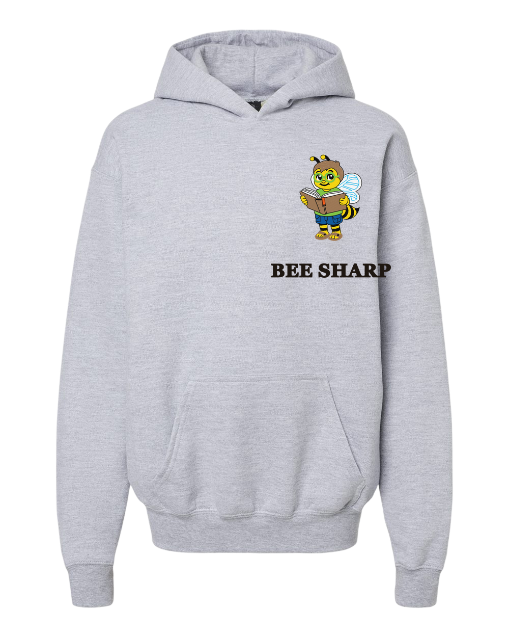 Youth Hoodie in sport gray with Paulie artwork, front view.