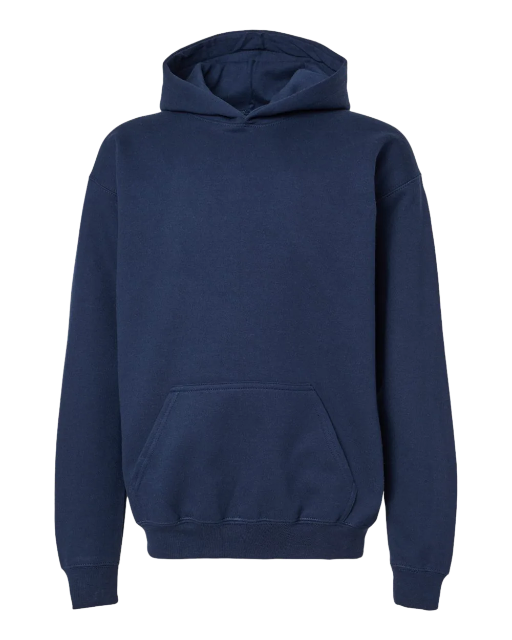 Youth Hoodie in navy, front view.
